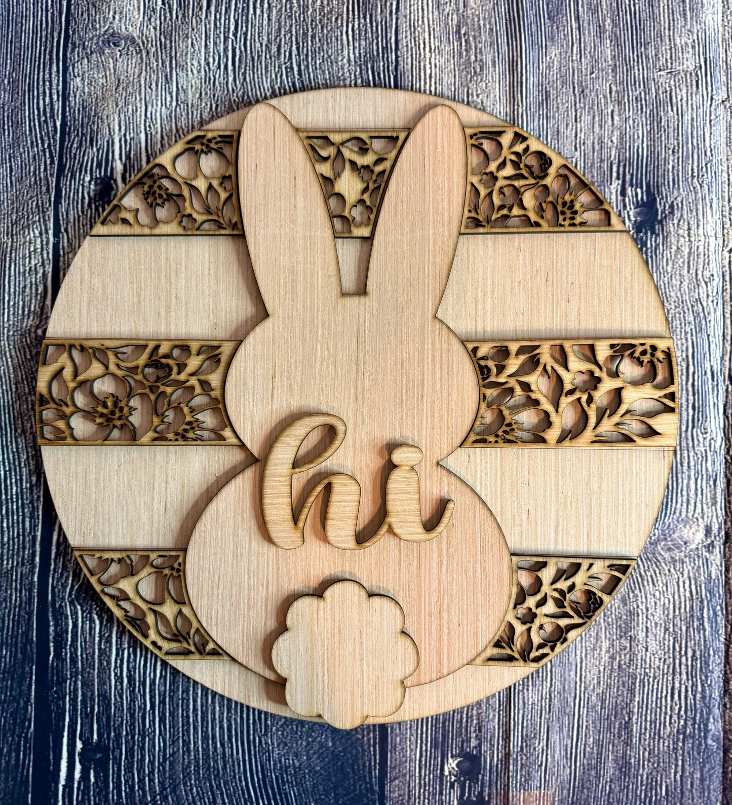 Hi Floral Bunny Easter Wood Door Hanger Blank
