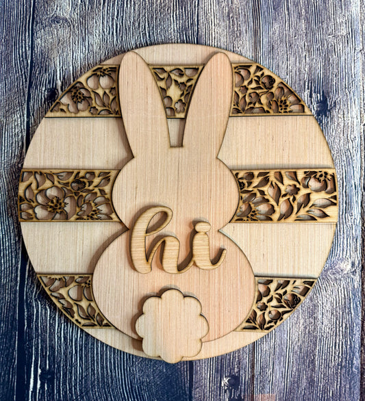 Hi Floral Bunny Easter Wood Door Hanger Blank