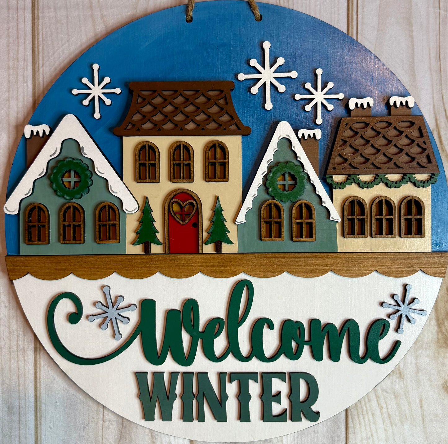 Welcome Winter Houses Wood Door Hanger