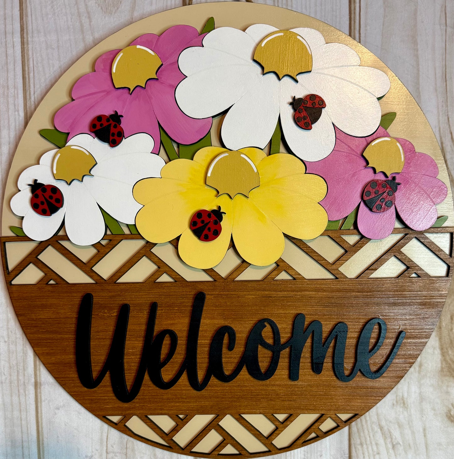 Welcome Flowers and Ladybug Wood Door Hanger