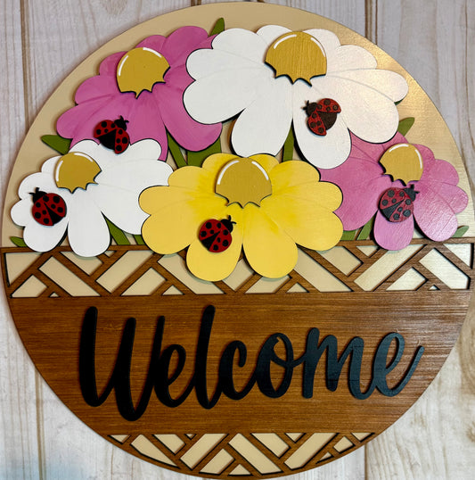 Welcome Flowers and Ladybug Wood Door Hanger