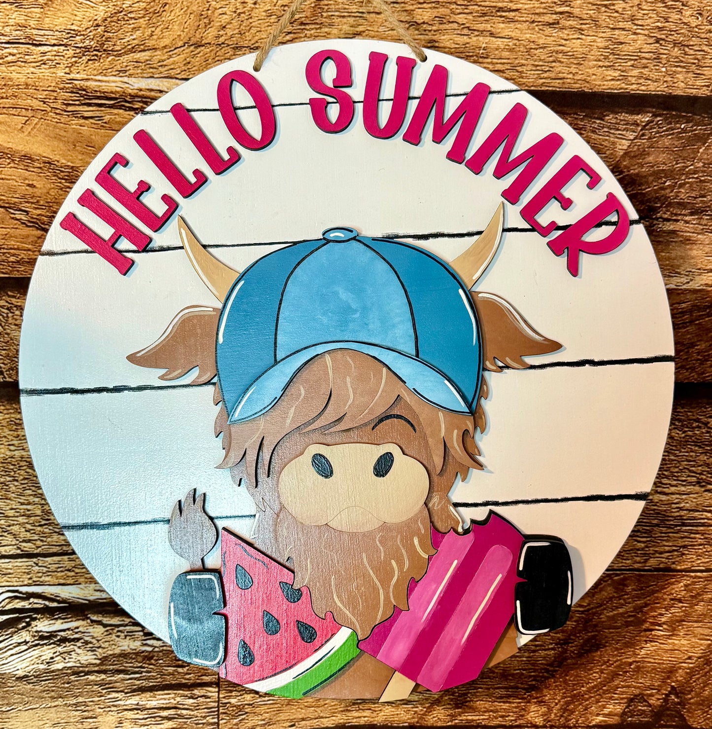 Hello Summer Highland Cow Wood Door Hanger