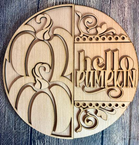 Hello Pumpkin Swirls Fall Wood Door Hanger Blank