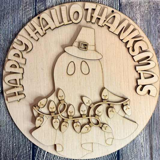 Ghost Happy Halloween Thanksgiving Christmas Fall Winter Wood Door Hanger Blank