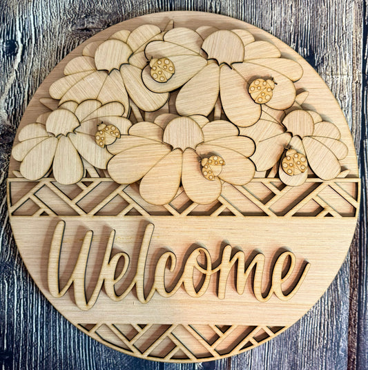 Welcome Flowers and Ladybugs Wood Door Hanger Blank