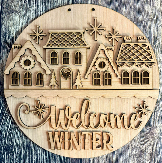 Welcome Winter Houses Blank Wood Door Hanger