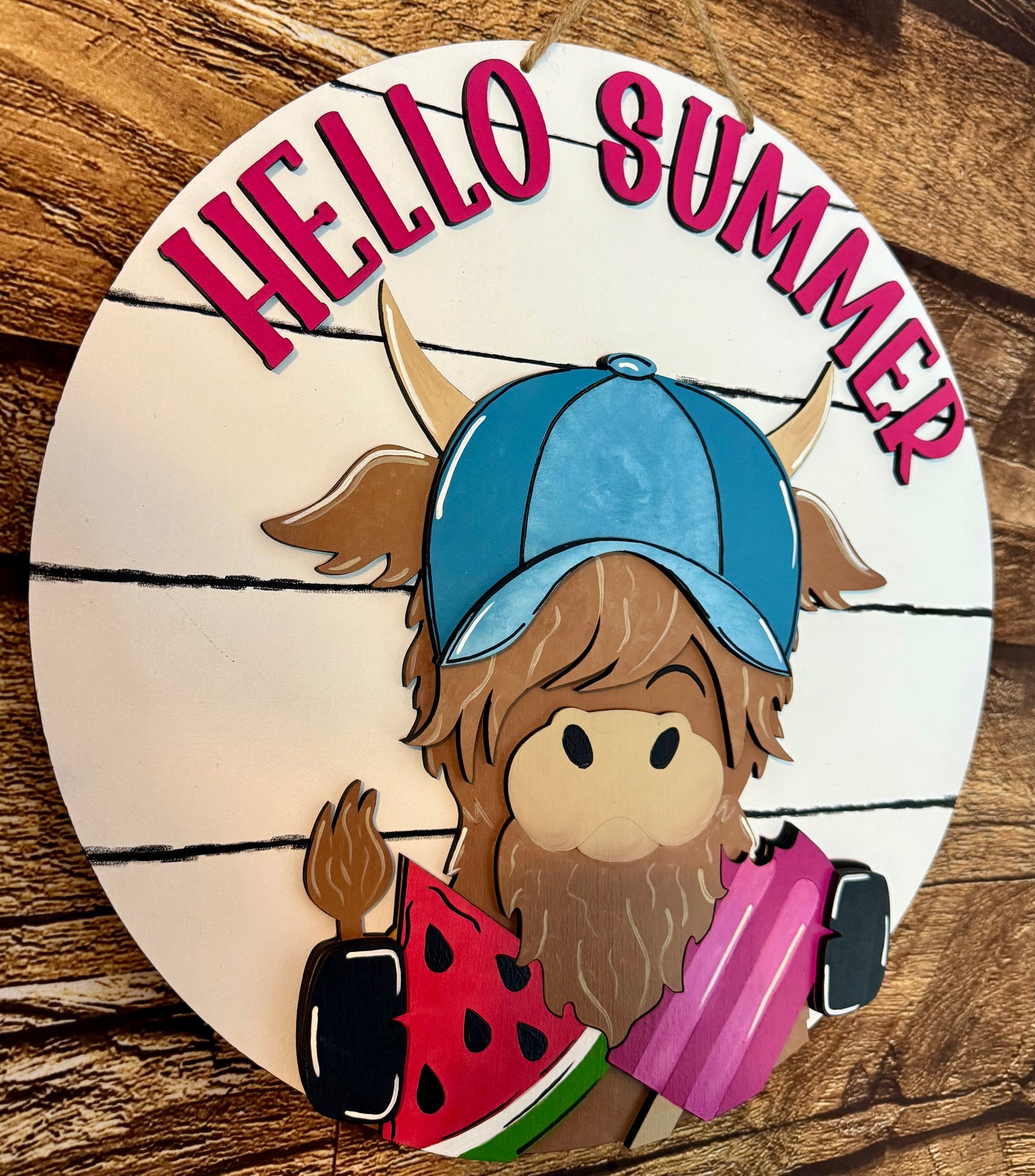 Hello Summer Highland Cow Wood Door Hanger