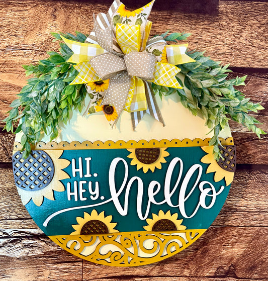 Hi Hey Hello Sunflower Wood Fall Summer Door Hanger