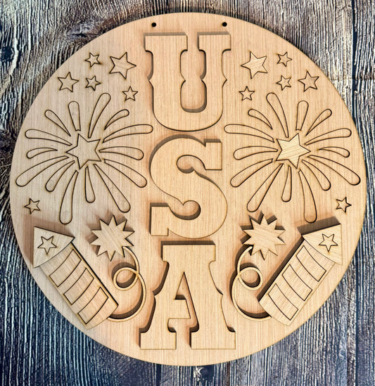 USA Fireworks Patriotic Wood Door Hanger Blank