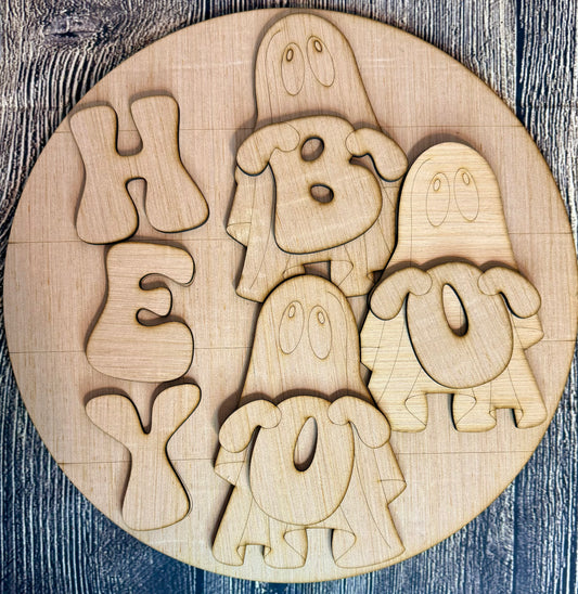 Hey Boo Ghosts Halloween Wood Door Hanger Blank