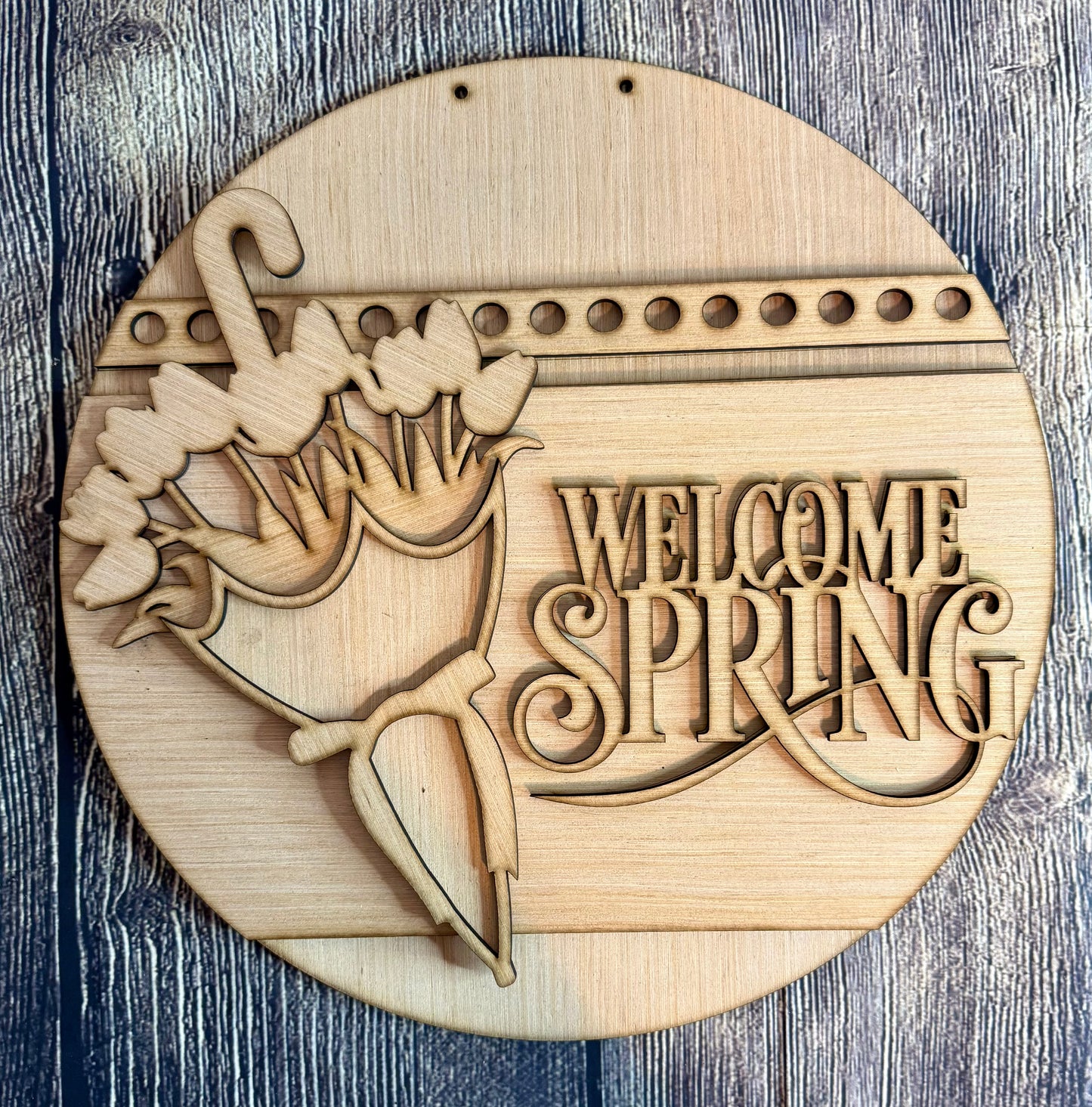 Welcome Spring Tulip Umbrella Wood Door Hanger Blank