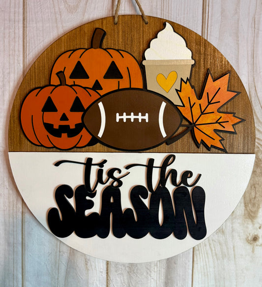 Tis The Season Pumpkin Coffee Football Fall Wood Door Hanger