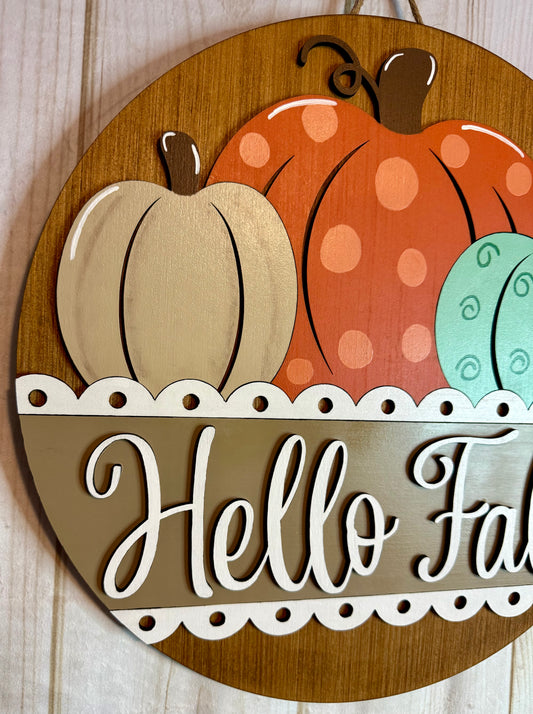 Hello Fall Pumpkin Trio Wood Door Hanger