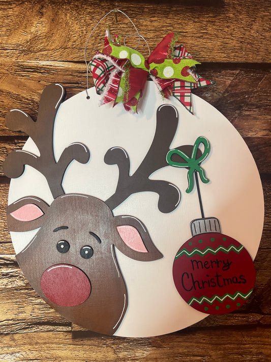 Reindeer with Ornament  Christmas Wood Door Hanger