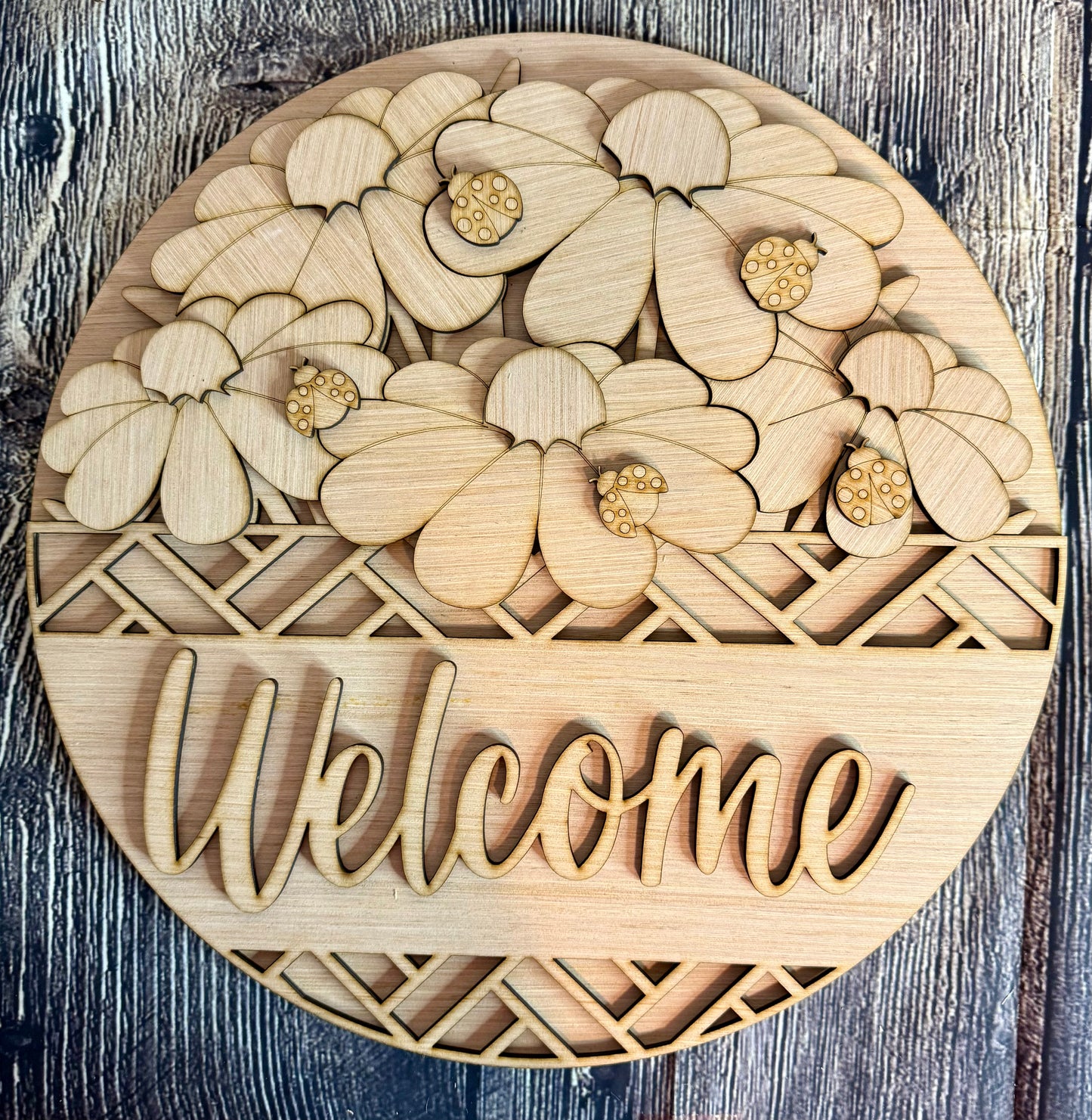 Welcome Flowers and Ladybugs Wood Door Hanger Blank