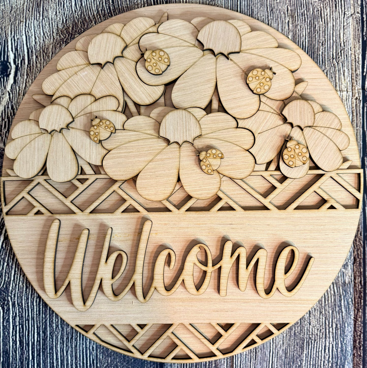 Welcome Flowers and Ladybugs Wood Door Hanger Blank
