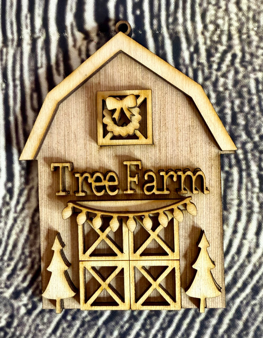 Barn Tree Farm Unfinished Wood Ornament