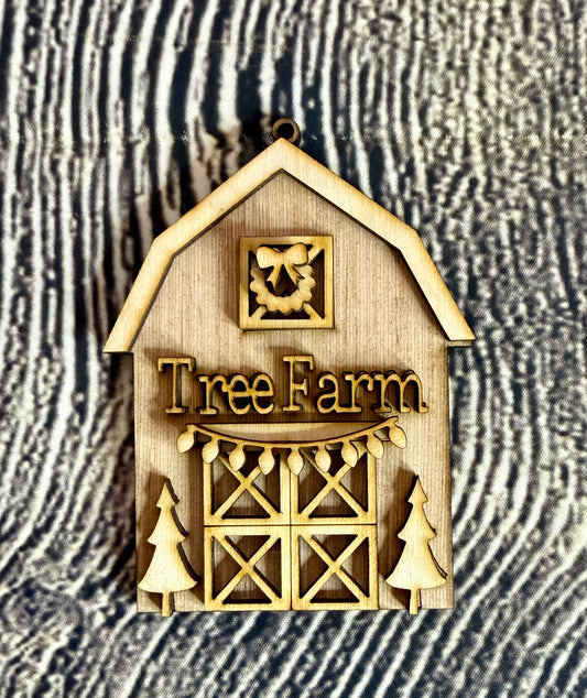 Barn Tree Farm Unfinished Wood Ornament
