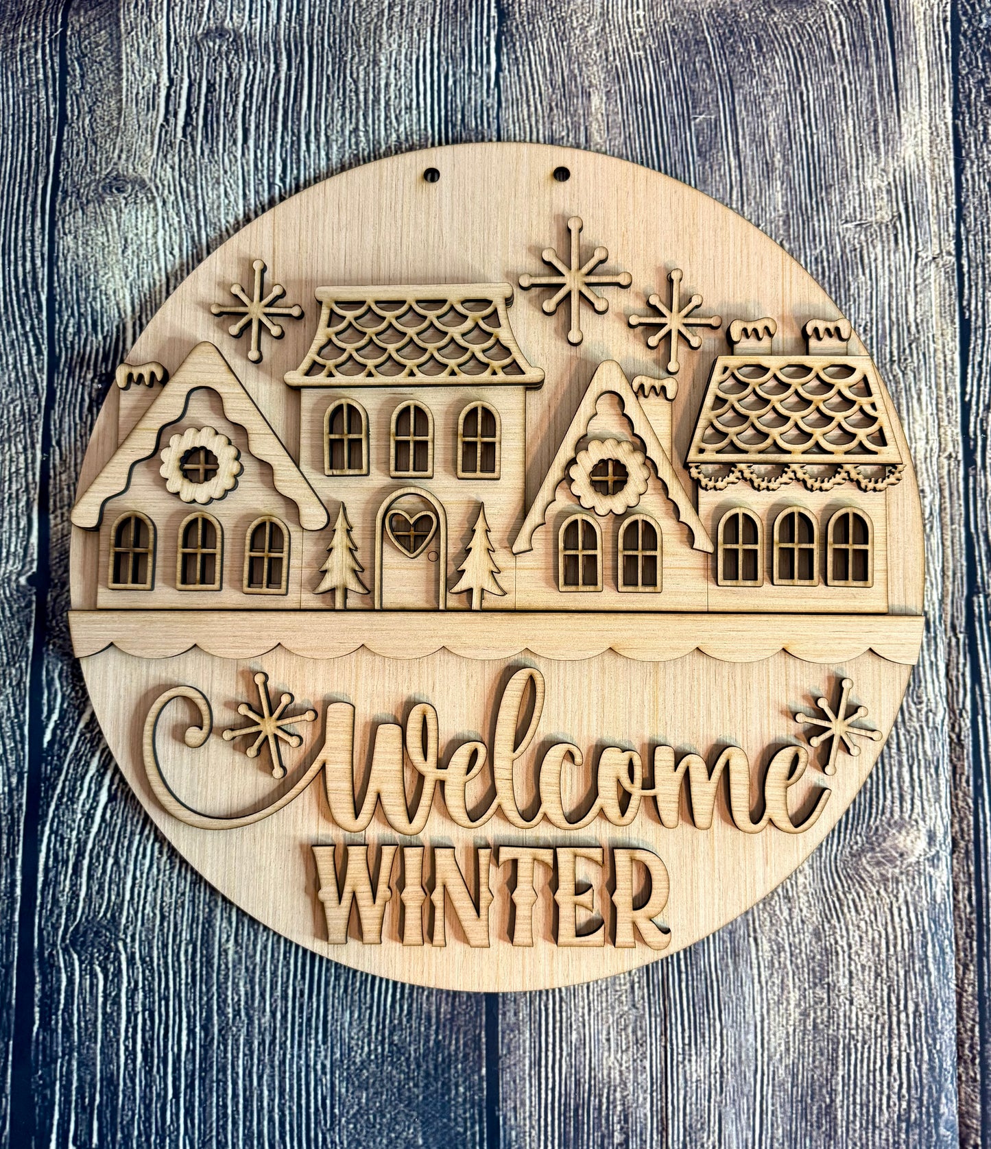 Welcome Winter Houses Blank Wood Door Hanger