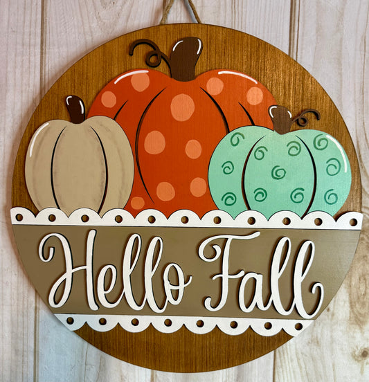 Hello Fall Pumpkin Trio Wood Door Hanger