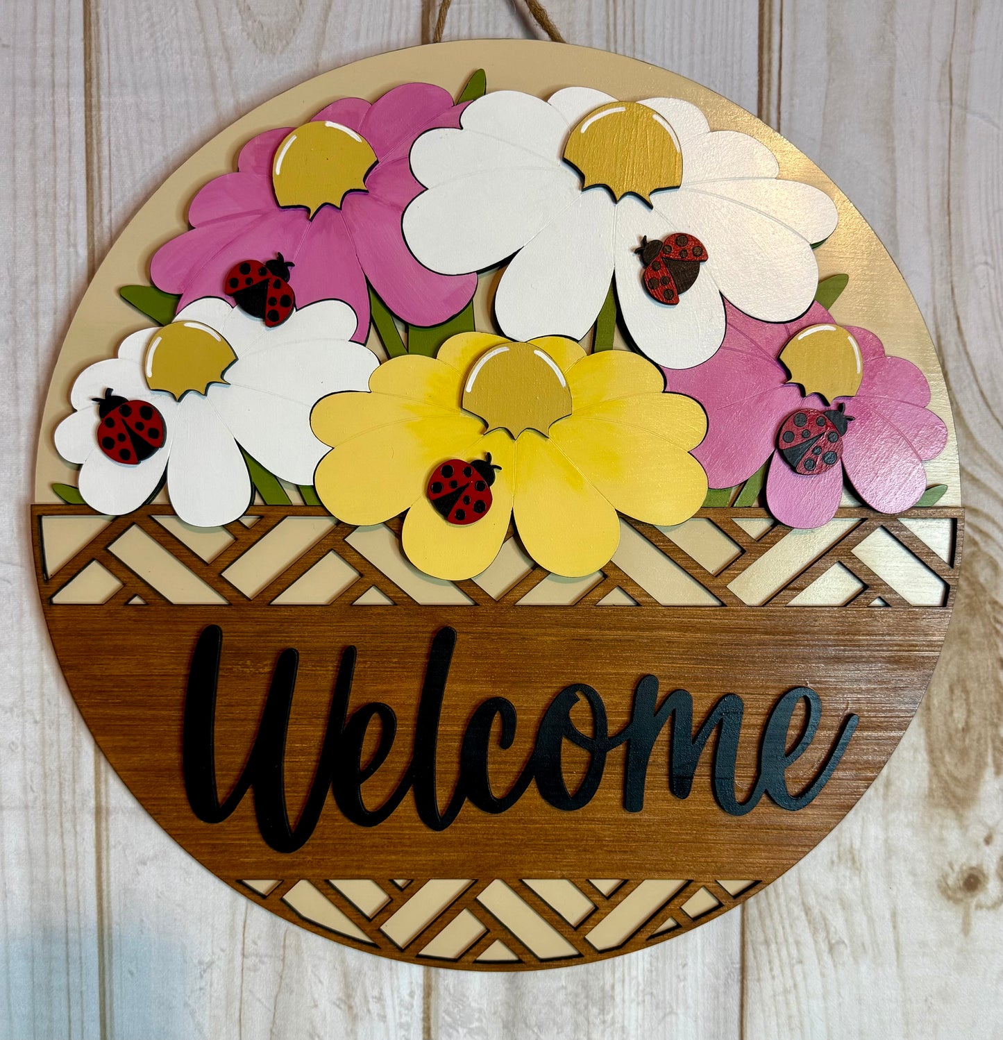 Welcome Flowers and Ladybug Wood Door Hanger