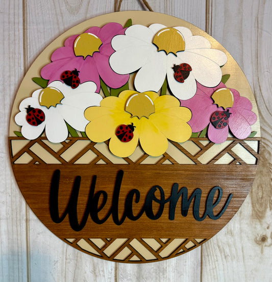 Welcome Flowers and Ladybug Wood Door Hanger