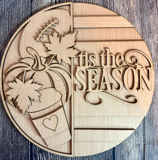 Tis the Season Pumpkin Coffee Leaf Welcome Fall Wood Door Hanger Blank