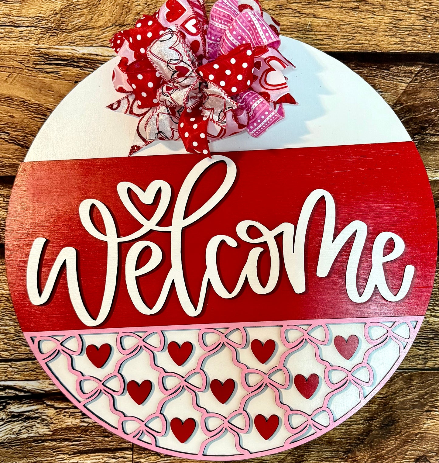 Welcome Heart and Bows Valentine Door Hanger