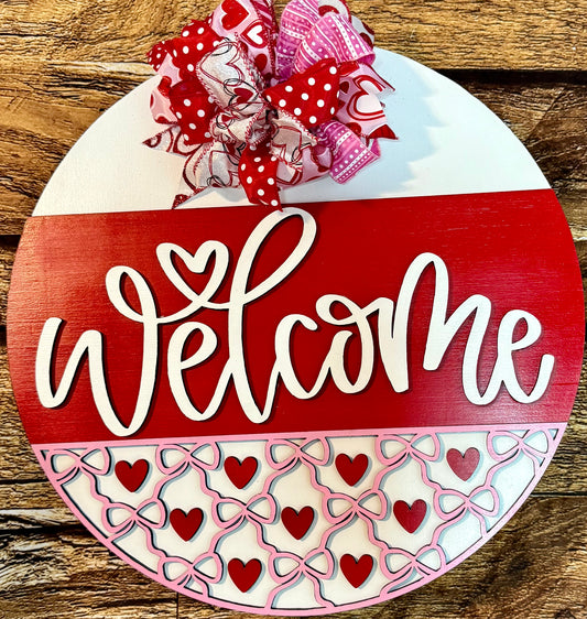 Welcome Heart and Bows Valentine Door Hanger