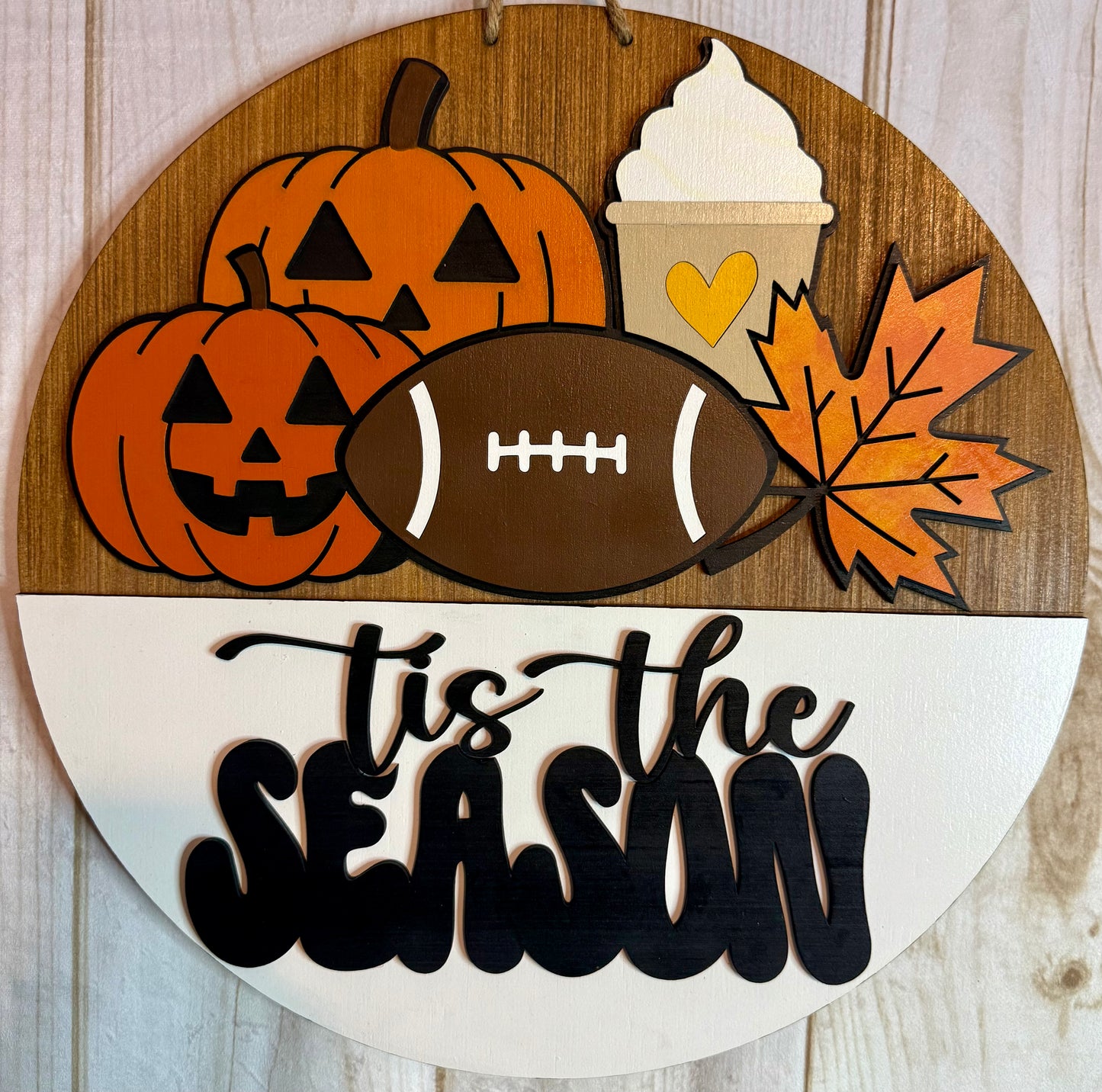 Tis The Season Pumpkin Coffee Football Fall Wood Door Hanger