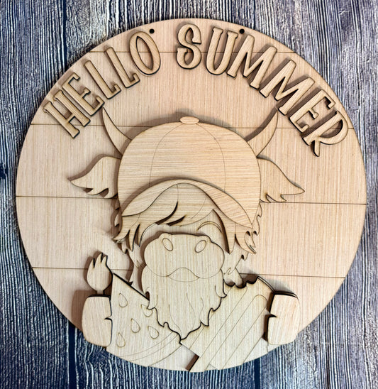Summer Highland Cow Hi Hello Summer Wood Door Hanger Blank
