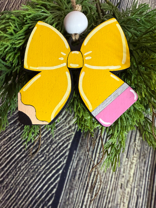 Bow Pencil Teacher Wood Christmas Ornament
