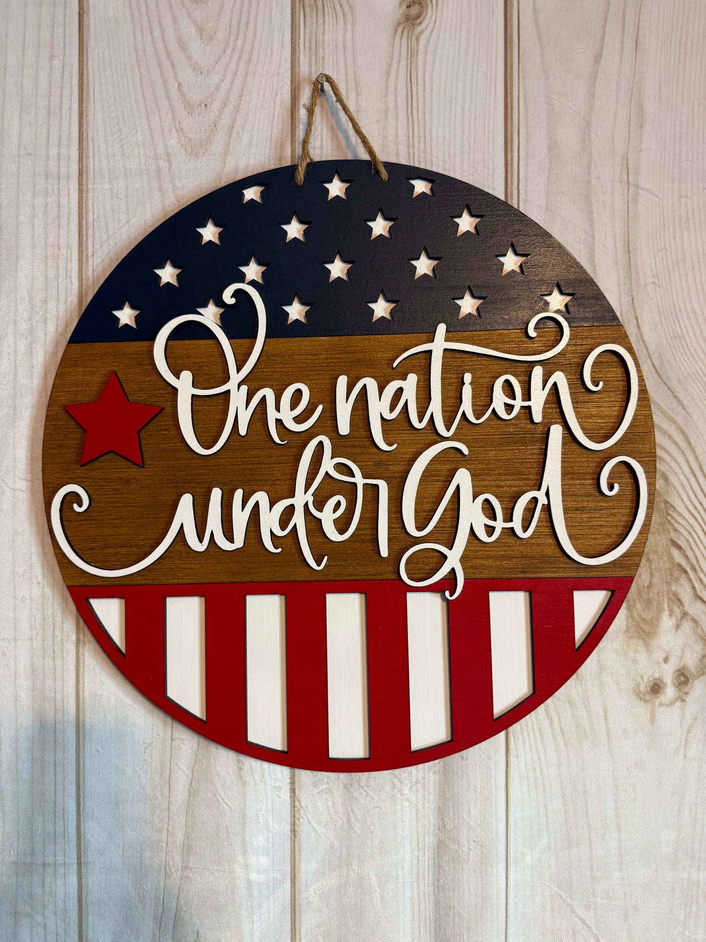 One Nation Under God Patriotic Flag Wood Door Hanger
