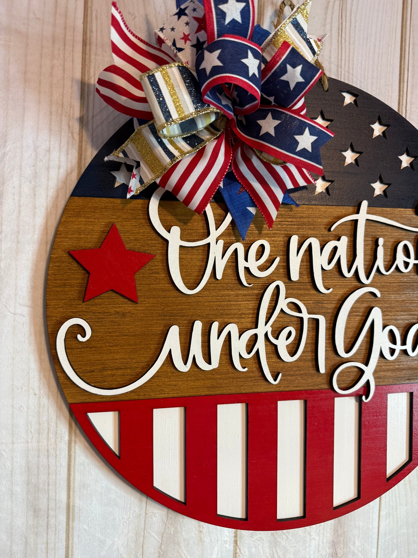 One Nation Under God Patriotic Flag Wood Door Hanger
