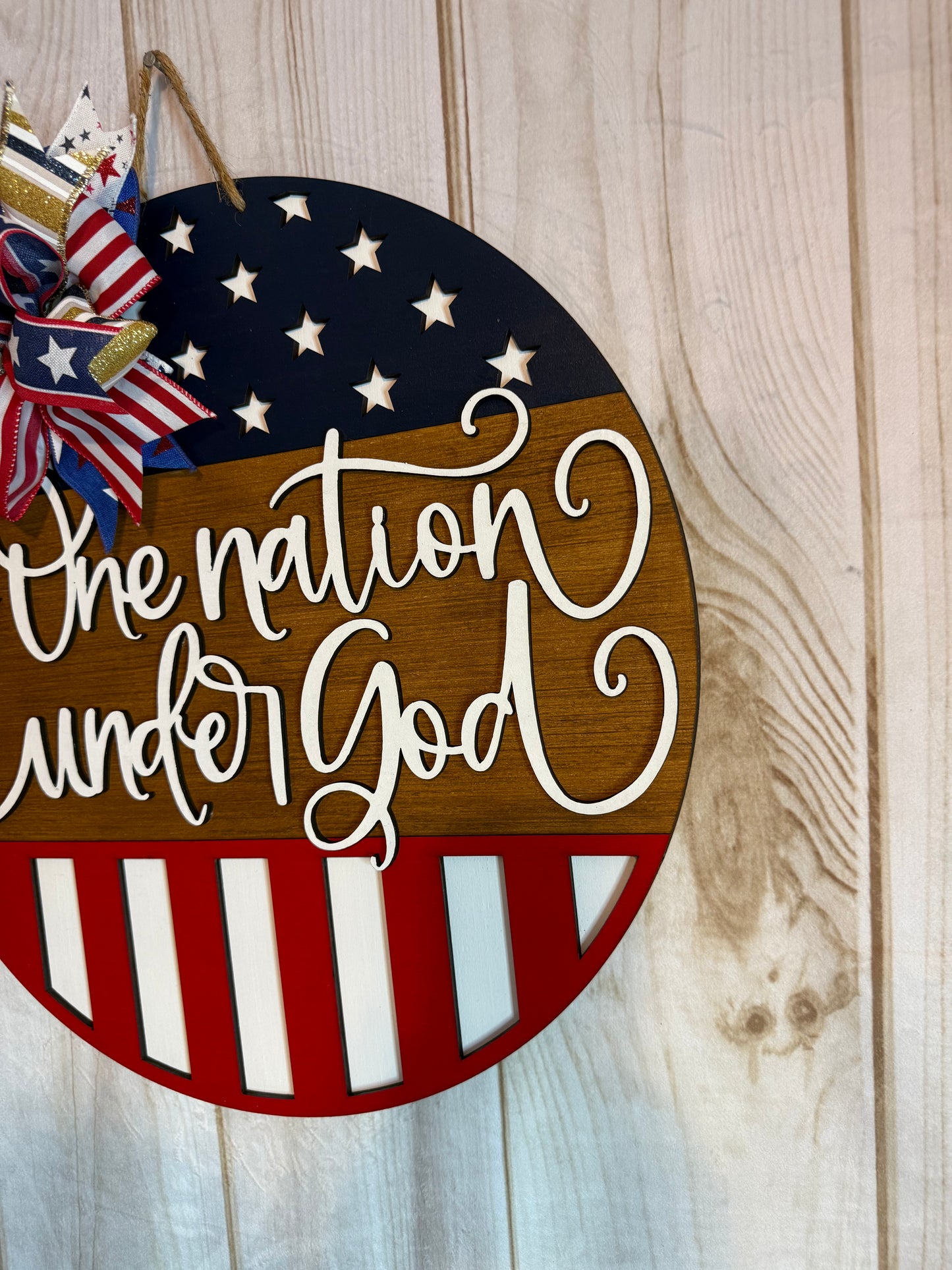 One Nation Under God Patriotic Flag Wood Door Hanger