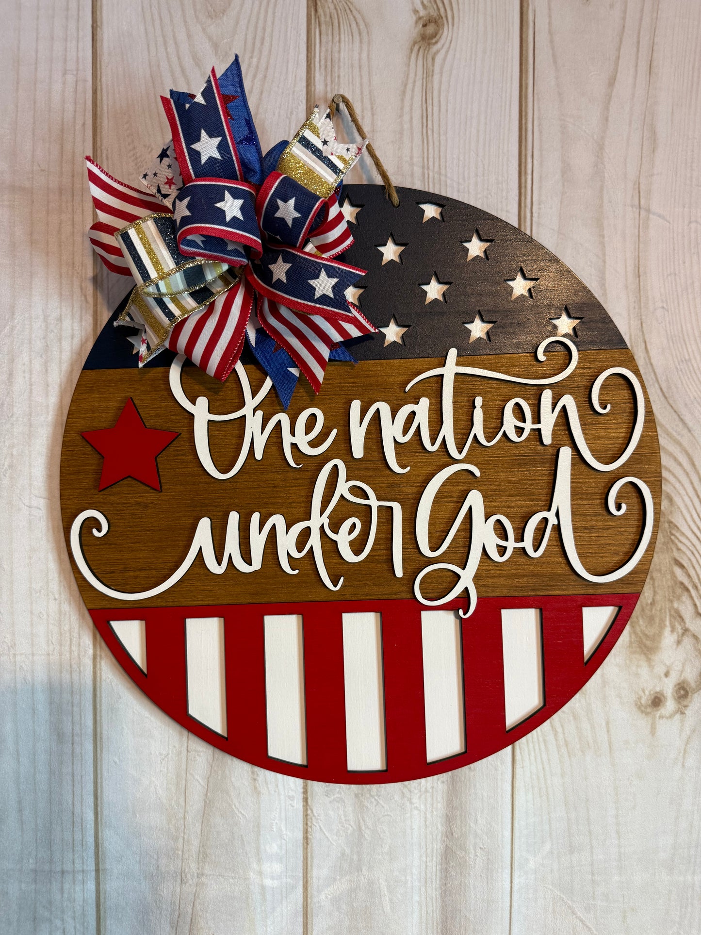One Nation Under God Patriotic Flag Wood Door Hanger