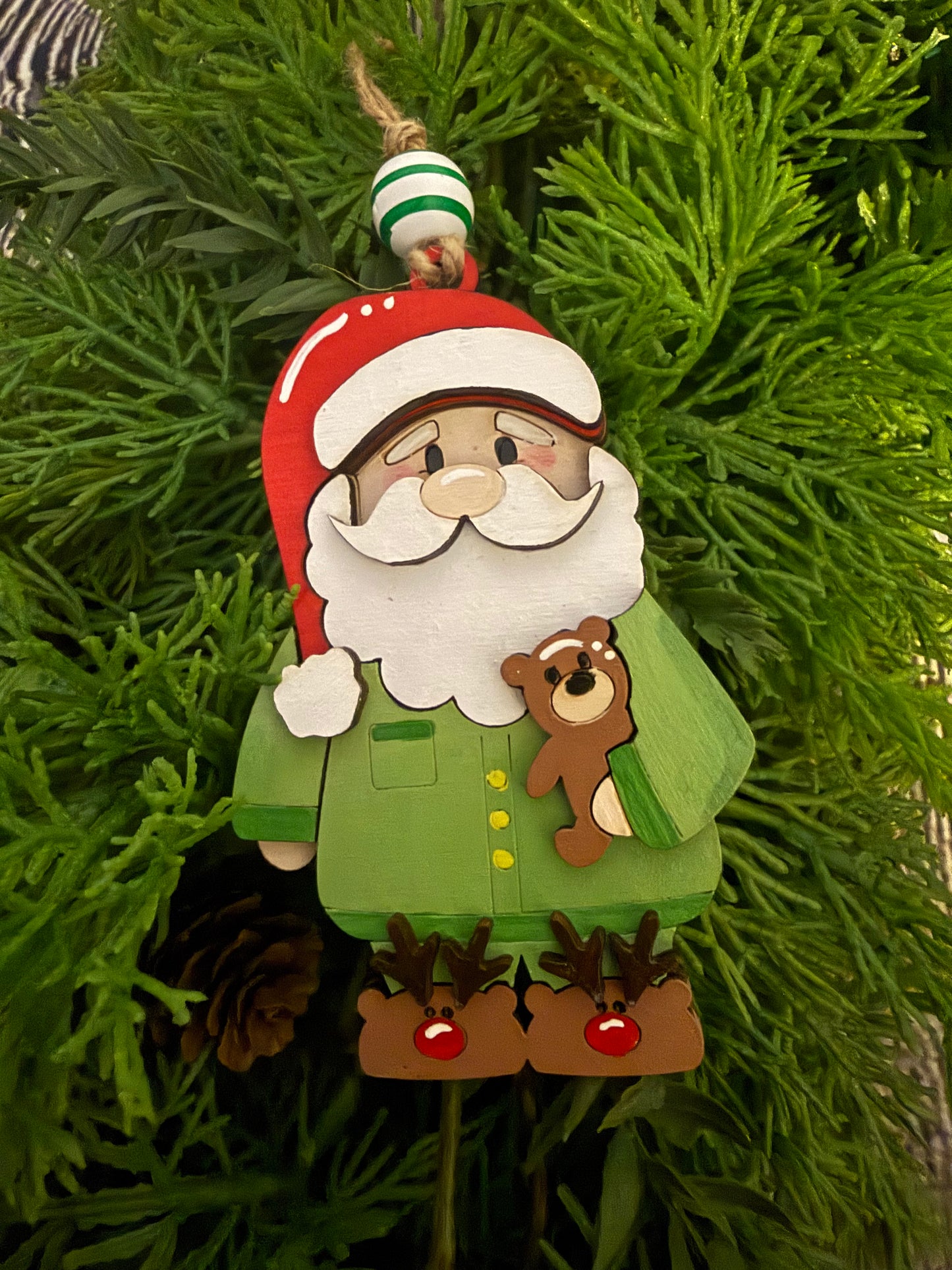 Santa in Pajamas Wood Christmas Ornament
