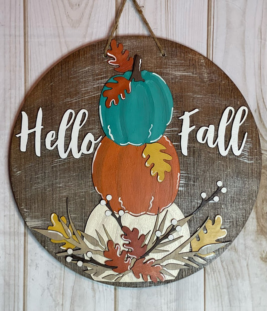 Hello Fall Pumpkins Wood Door Hanger