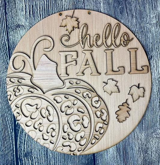 Hello Fall Leopard Pumpkin Wood Door Hanger Blank