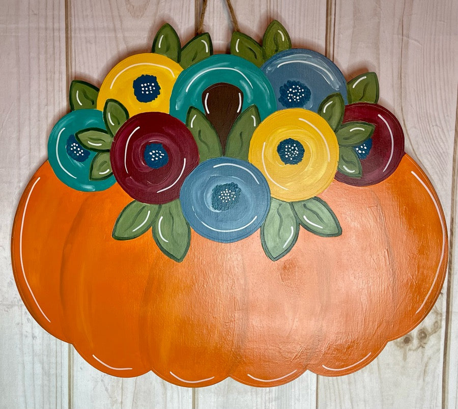 Floral Pumpkin Wood Door Hanger