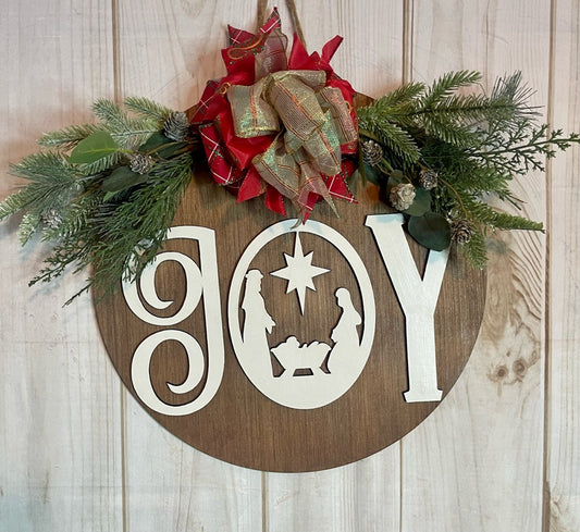 Joy Nativity Round Christmas Door Hanger