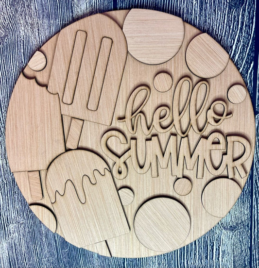 Hello Summer Popsicle and Dots Wood Door Hanger Blank