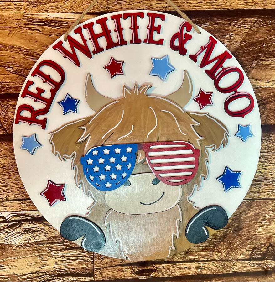 Highland Cow Patriotic Red White and Moo Wood Door Hanger