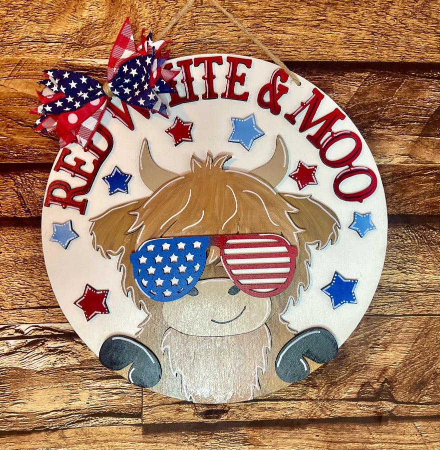 Highland Cow Patriotic Red White and Moo Wood Door Hanger