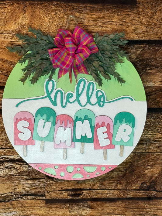 Hello Summer Ice Cream Popsicle Wood Door Hanger