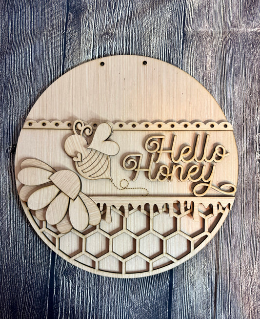 Hello Honey Bee Spring Wood Door Hanger Blank