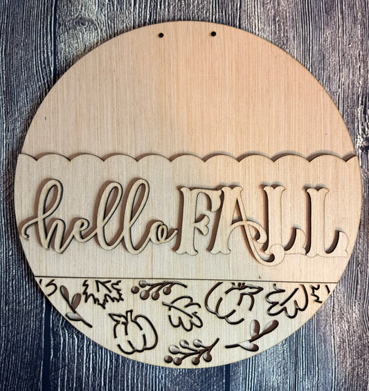 Hello Fall Pumpkin Leaves Wood Door Hanger Blank