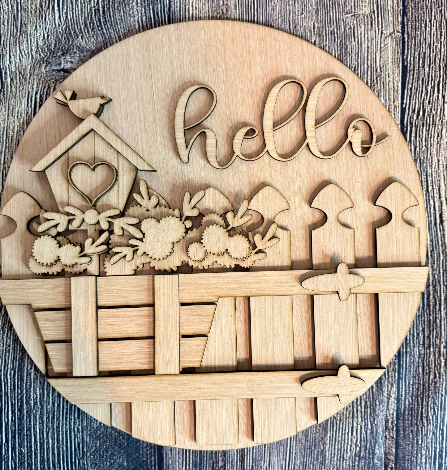 Hello Fence Birdhouse Flower Spring Door Hanger Blank