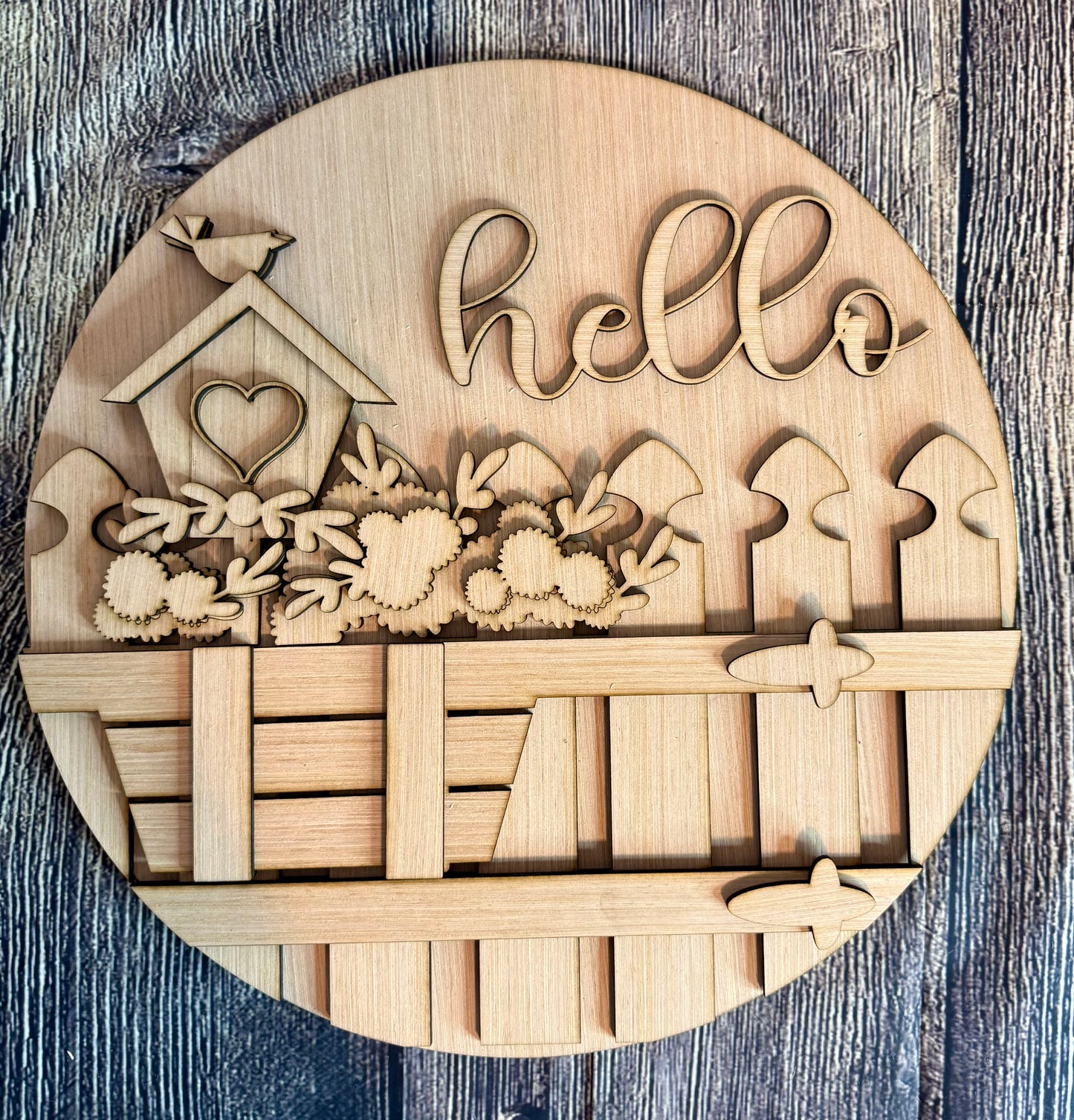 Hello Fence Birdhouse Flower Spring Door Hanger Blank
