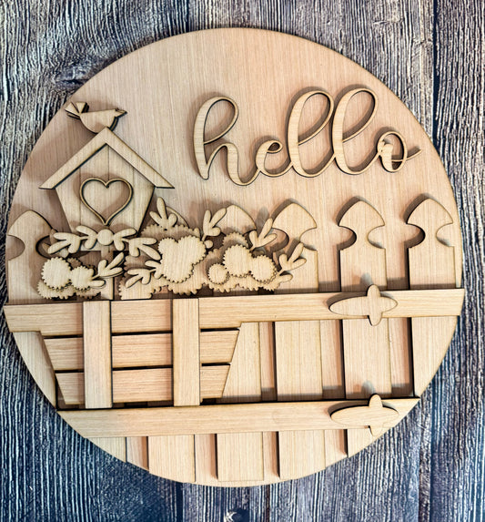 Hello Fence Birdhouse Flower Spring Door Hanger Blank